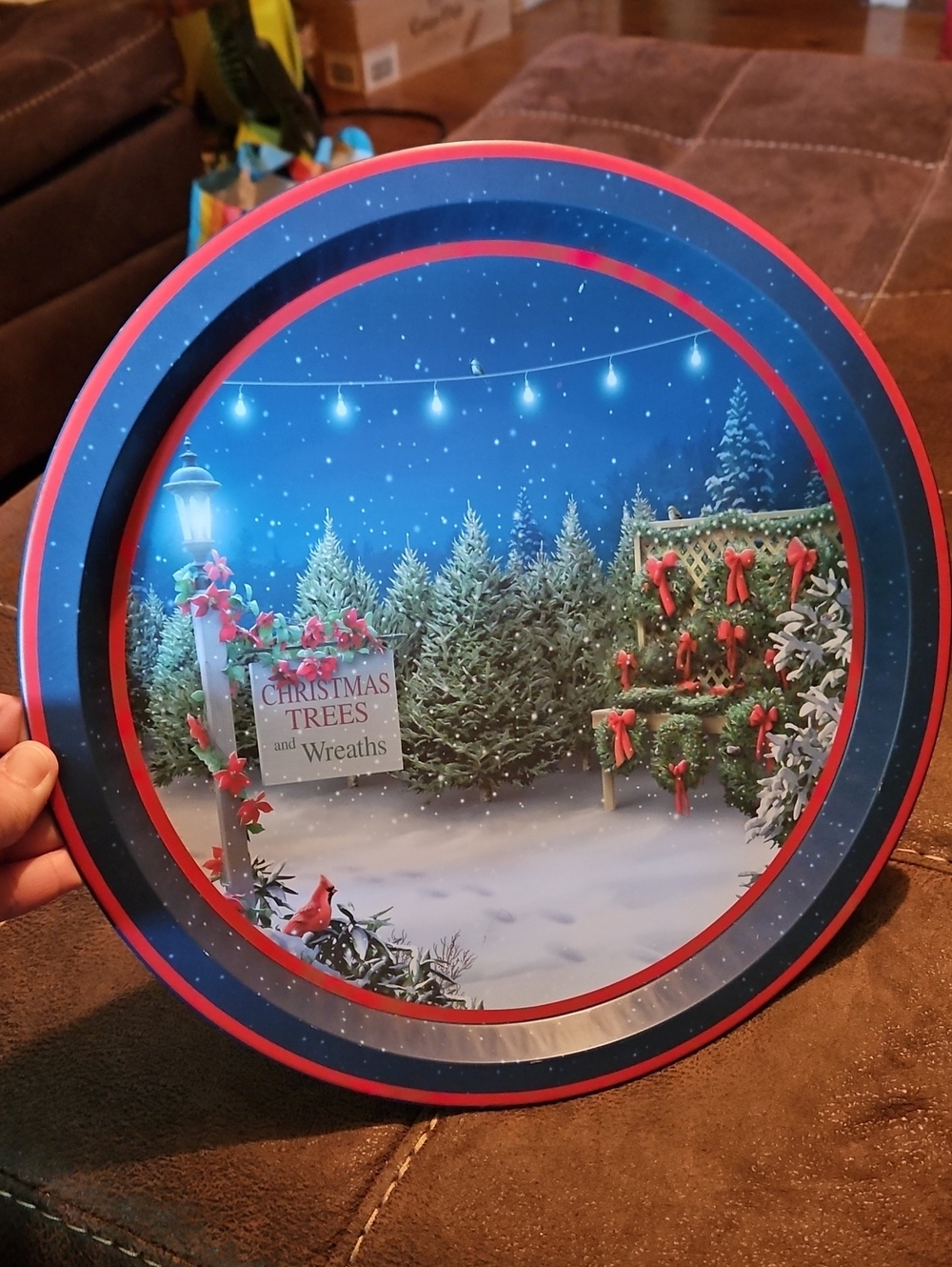 Blue and Red Holiday Tree Scene Decorative Serving Tray